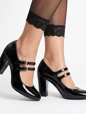 Studio Isola Patent Leather Double Strap Mary Jane Block Heel Pumps Sz 9 Black